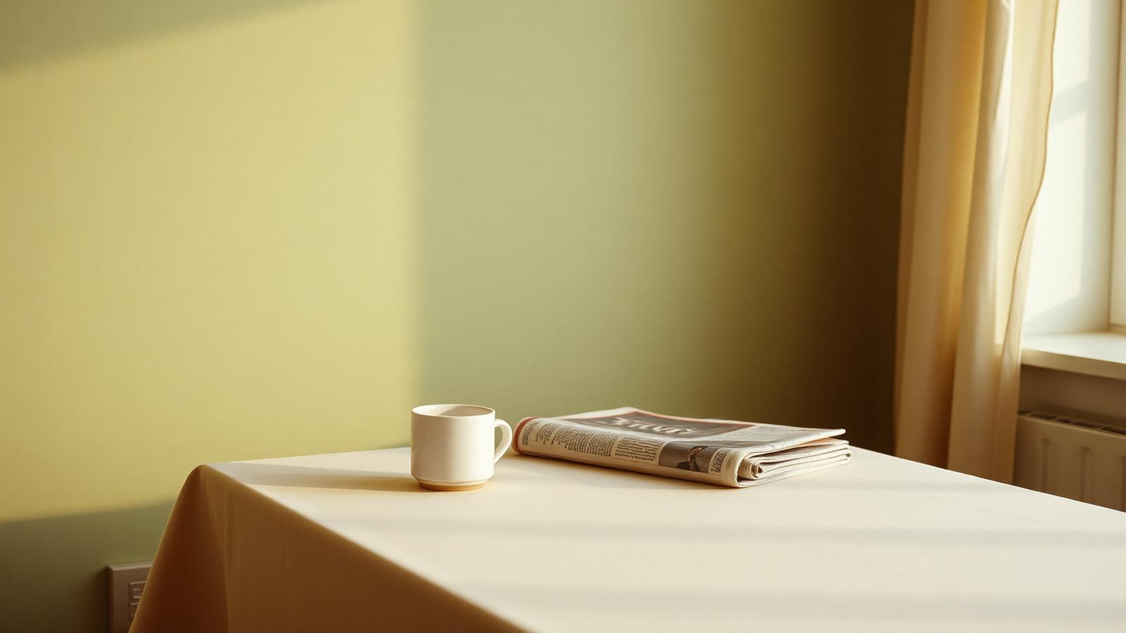 An empty breakfast table by a sunlit window with a single cup and a folded newspaper
