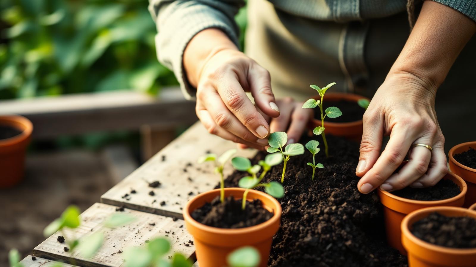 Older hands planting seedlings into terracotta pots on a wooden garden bench