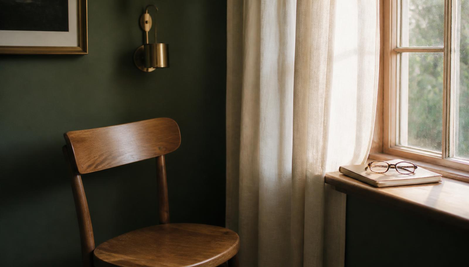 An empty wooden chair beside a sunlit window, with a notebook and reading glasses on the sill